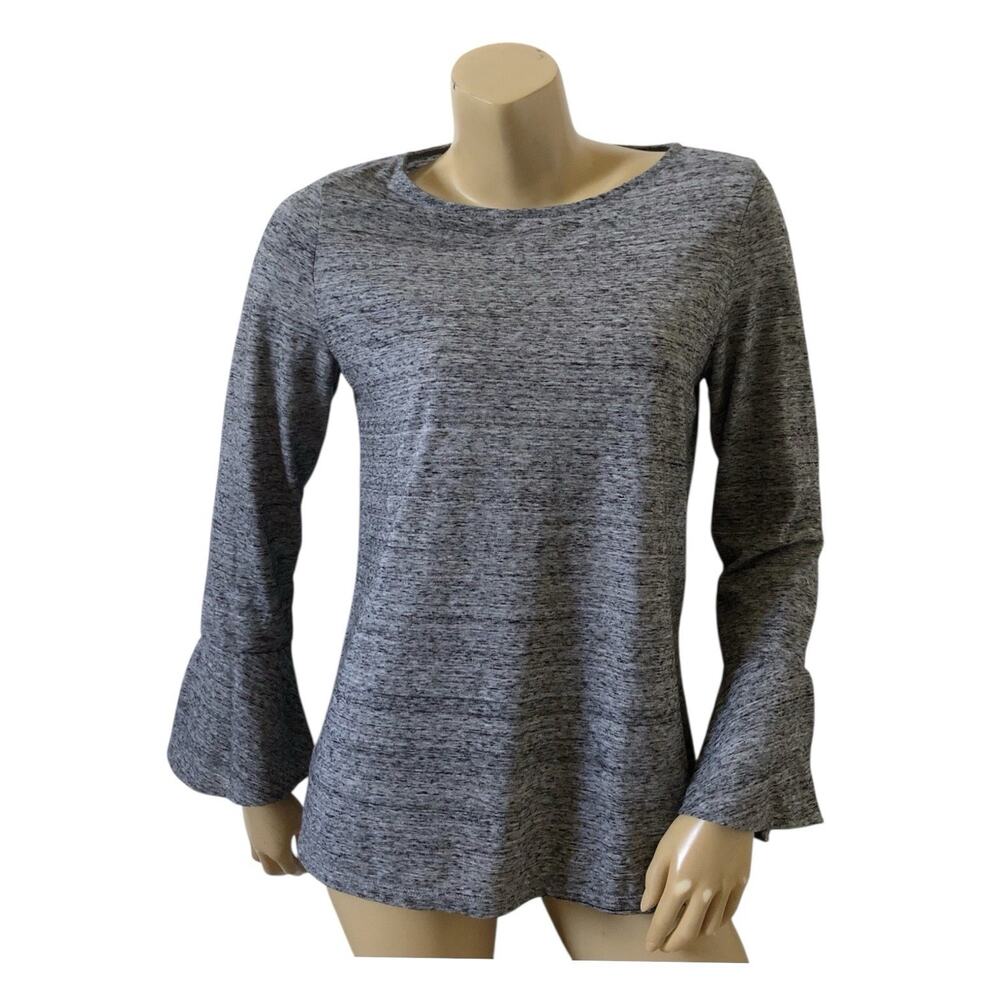 Ann Taylor Loft Top Womens Medium Gray Black Heathered Bell Sleeve Knit Shirt
